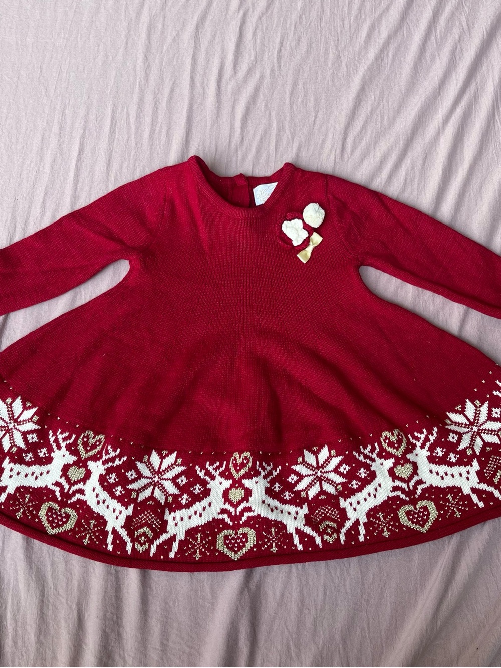 Girls Red Christmas Knit Dress with Reindeer Trim 12M
